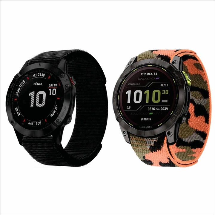 Комплект от 2 универсални найлонови каишки за смарт часовник, също съвместими с Garmin Fenix 5 5Plus 6 6Pro 7 7Pro, Epix Descent G1, Forerunner 965 955 945 935, Approach S62 S60, Tactic Bravo Quatix5, ширина 22 мм, черен и оранжев камуфлаж