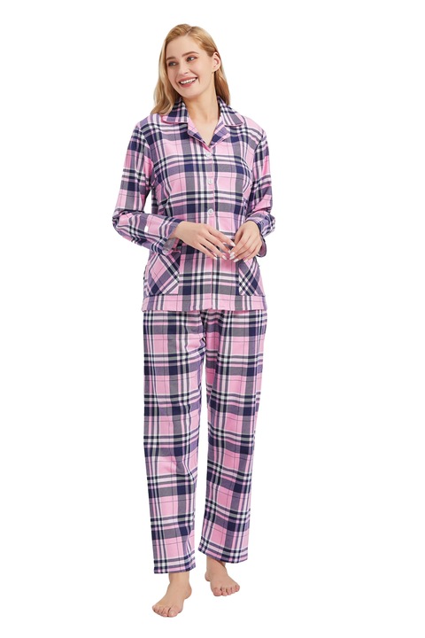Set Pijama dama GLOBAL, Finet, Bumbac, Carouri Roz, Marimea XL, 48 EU