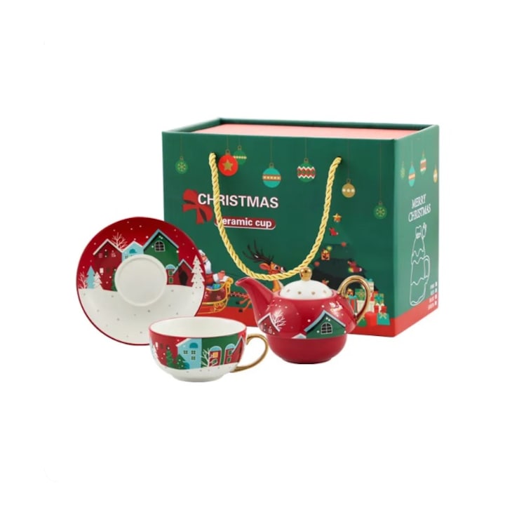 Teáskészlet, kerámia karácsonyra, bögréből, tányérból, teáskannából és díszdobozból áll, piros