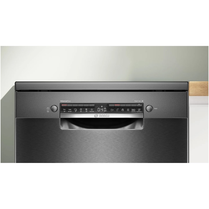 Masina de spalat vase Bosch SMS4EMC06E, 14 seturi, 6 programe, Home Connect, Silence Plus, Motor EcoSilence Drive, Clasa B, 60 cm, Inox negru