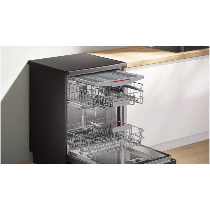 Masina de spalat vase Bosch SMS4EMC06E, 14 seturi, 6 programe, Home Connect, Silence Plus, Motor EcoSilence Drive, Clasa B, 60 cm, Inox negru