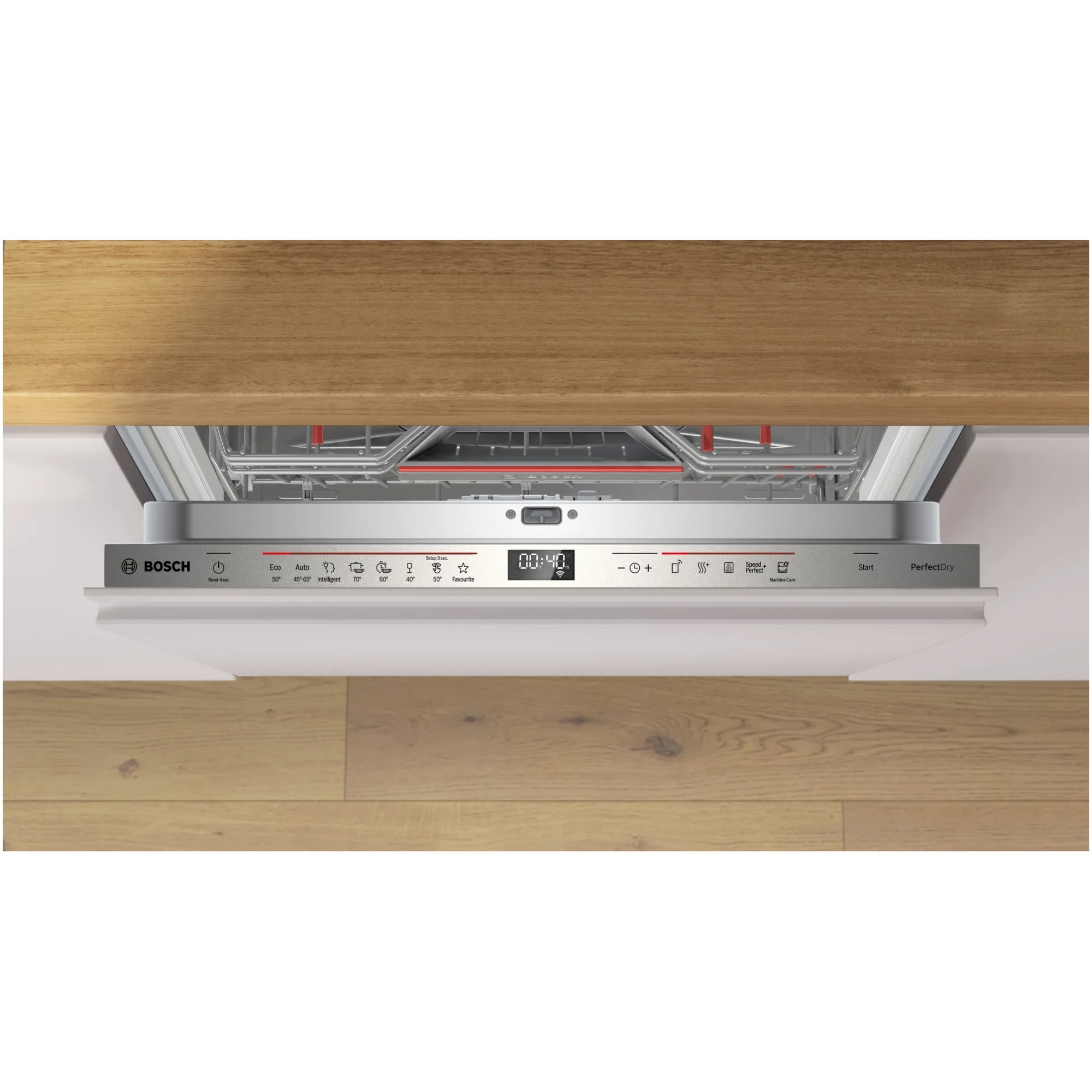 Masina de spalat vase incorporabila Bosch SMV6ZCX05E, 14 seturi, 8 programe, Sistem Rackmatic, PerfectDry, EcoSilence Drive, Emotion Light, Clasa B, Home Connect, 60 cm