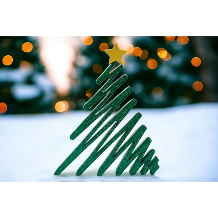 Brad decorativ cu forma minimalista de zig-zag, accesoriu de design interior cu tematica Craciun, verde glitter, 134x110x10 mm, pentru birou, raft, masa sau perete