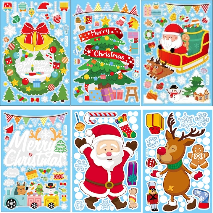 Комплект от 10 фолиа със стикери за прозорци, стени, гладки повърхности, на тема Дядо Коледа, сняг, ела, гирлянд, снежинки, Рудолф, 30х20 см, многоцветни