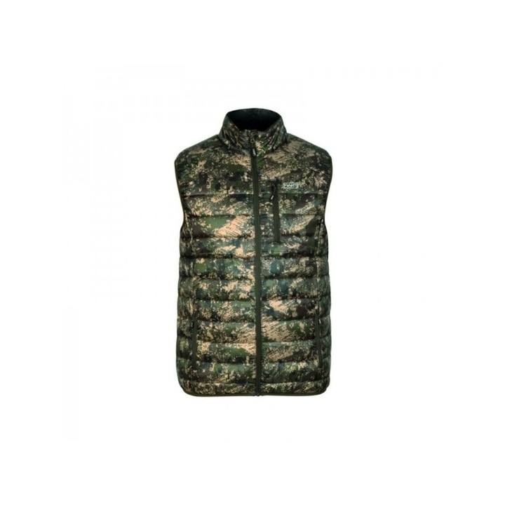 Vesta matlasata cu gluga Alpine-V Hart, anti vant, greutate redusa, uscare rapida, respirabila, nivel ridicat de impermeabilitate, sac transport inclus, 3 buzunare cu fermoar, camuflaj, Camuflaj