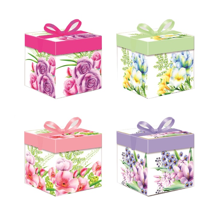 Комплект от 4 разноцветни подаръчни кутии 10x10x10 см, различни модели, цветя