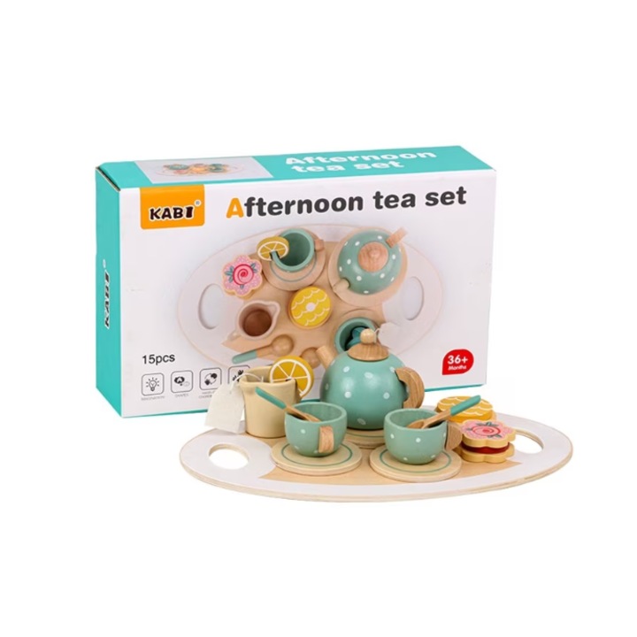 Set de ceai pentru copii cu accesorii, L@ka, Material lemn, Non-toxic, 15 piese, Multicolor