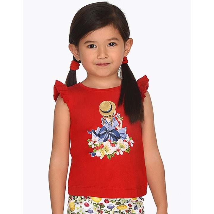 Tricou Mayoral rosu cu pietricele si volanase 7 ani