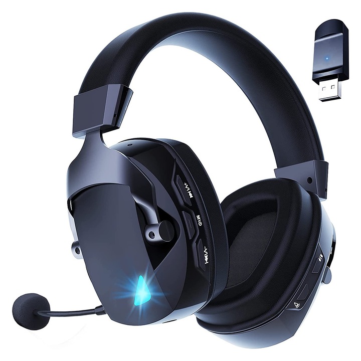 Vezeték nélküli gamer fejhallgató, Bluetooth 2,4G, 3 csatlakozási mód, 3,5 mm-es USB vezetékes csatlakozó, Zajszűrő, Fekete