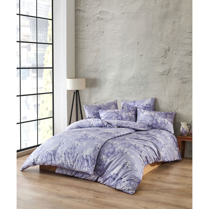 Lenjerie de pat dublu, Story Home, bumbac ranforce 144TC, pentru 2 persoane, 4 piese, Charlotte Liliac