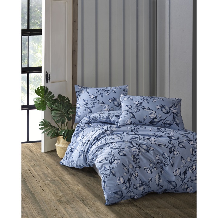 Lenjerie de pat dublu, Story Home, bumbac ranforce 144TC, pentru 2 persoane, 4 piese, Aida Blue