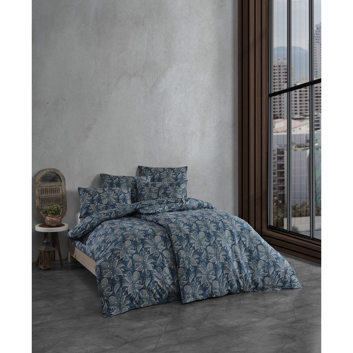 Lenjerie de pat dublu, Story Home, bumbac ranforce 144TC, pentru 2 persoane, 4 piese, Rory Turquoise