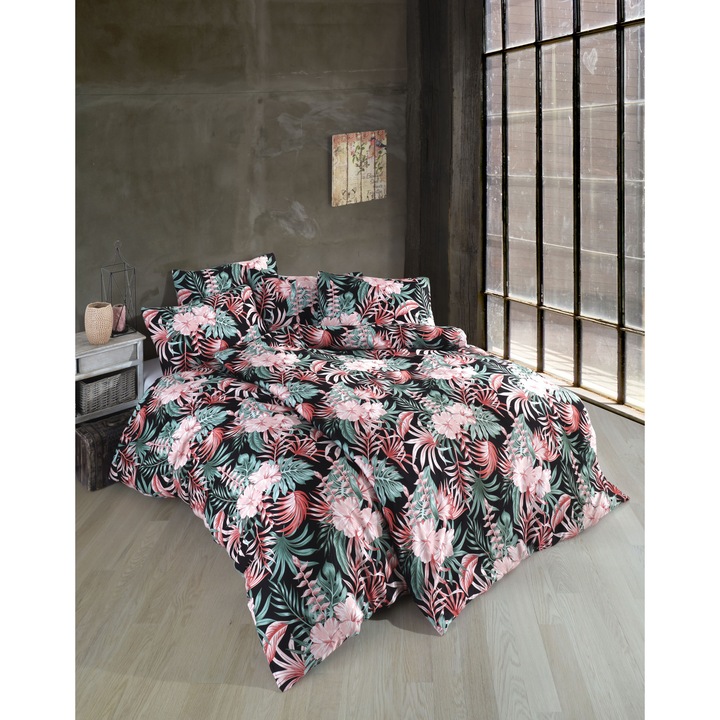 Lenjerie de pat dublu, Story Home, bumbac ranforce 144TC, pentru 2 persoane, 4 piese, Walter Pink