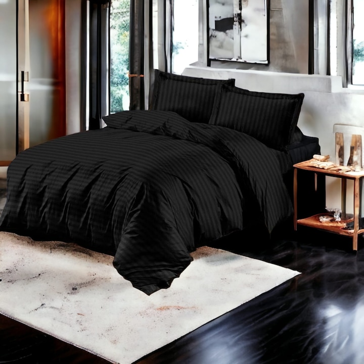 Lenjerie de pat dublu, 6 piese, Damasc, Neagra