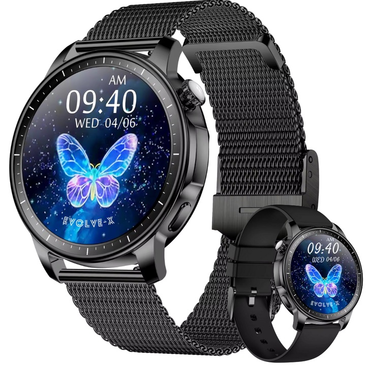 Ceas smartwatch dama Evolve-x® EvoWatch 5, Apeluri si mesaje bluetooth, Functii monitorizare Ritm cardiac, Somn, Nivel oxigen, Tensiune si Calorii, Display AMOLED, IP67, compatibil iOS si Android, Set cu Bratara metalica si doua bratari silicon, negru