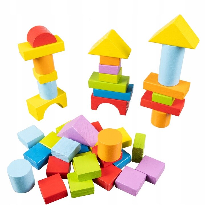 Set 100 de cuburi din lemn, Zola®, colorate pentru construit, cutie ...