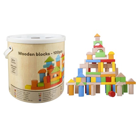 Set 100 de cuburi din lemn, Zola®, colorate pentru construit, cutie ...