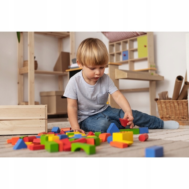 Set 100 de cuburi din lemn, Zola®, colorate pentru construit, cutie ...