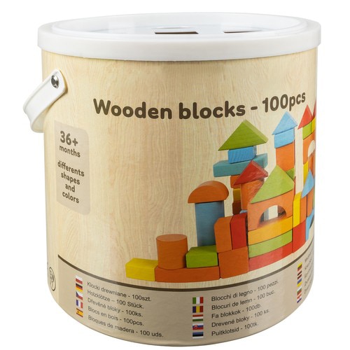 Set 100 de cuburi din lemn, Zola®, colorate pentru construit, cutie ...