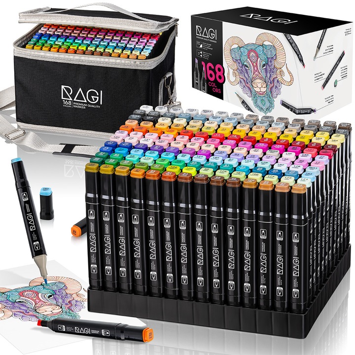 Комплект от цветни маркери RAGI, 168 бр, Двоен връх, мастило на основата на алкохол, с практична торба и пластмасова подложка