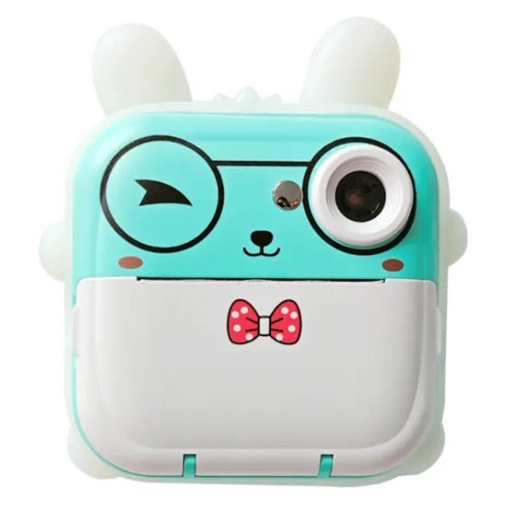 Aparat foto copii cu functie de printare, Vala® Q5, model Iepuras, Rezolutie 24Mpx 1080P, Display LCD Color 2.4", 3 role hartie incluse, Turcoaz