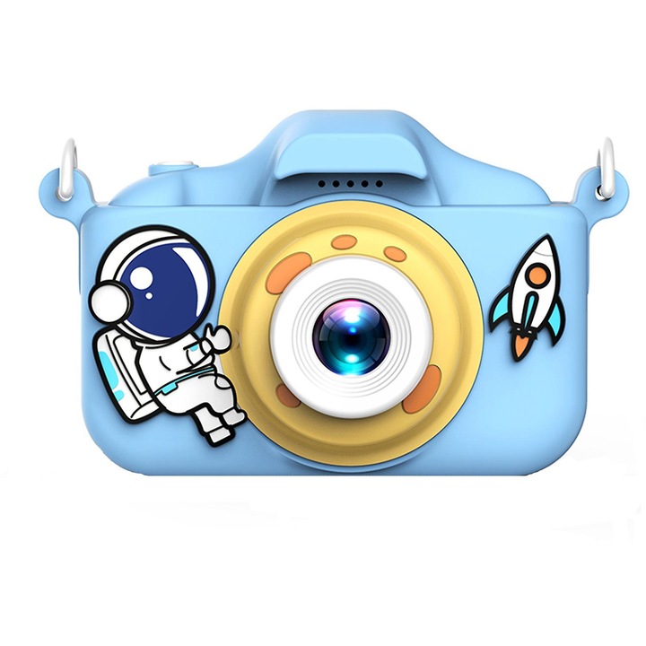 Детска камера, Fluffy, модел астронавт, 40 Mpx, двойна предна и обратна камера, селфи камера, Full HD 1080P, 2 инча екран, фото/видео функция, игри, рамки, филтри, син