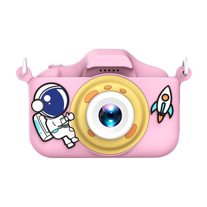 Aparat Foto Copii, VALA® Fluffy, model Astronaut, 40 Mpx, Dual Camera Fata-Verso, Camera Selfie, Full HD 1080P, Ecran 2 inch, Functie Foto/Video, Jocuri, Cadre, Filtre, Roz