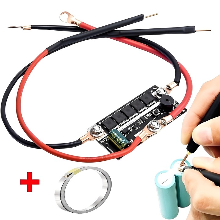 Aparat de Sudura in Puncte la Rece, pentru Acumulatori Li-ion/NiM 18650, 21700, etc, 1m platbanda nichel CADOU, Alimentare 12V-14.6V Plumb Acid, Li-ion, LifePO4, 5 trepte de putere, negru, INTEXXA®