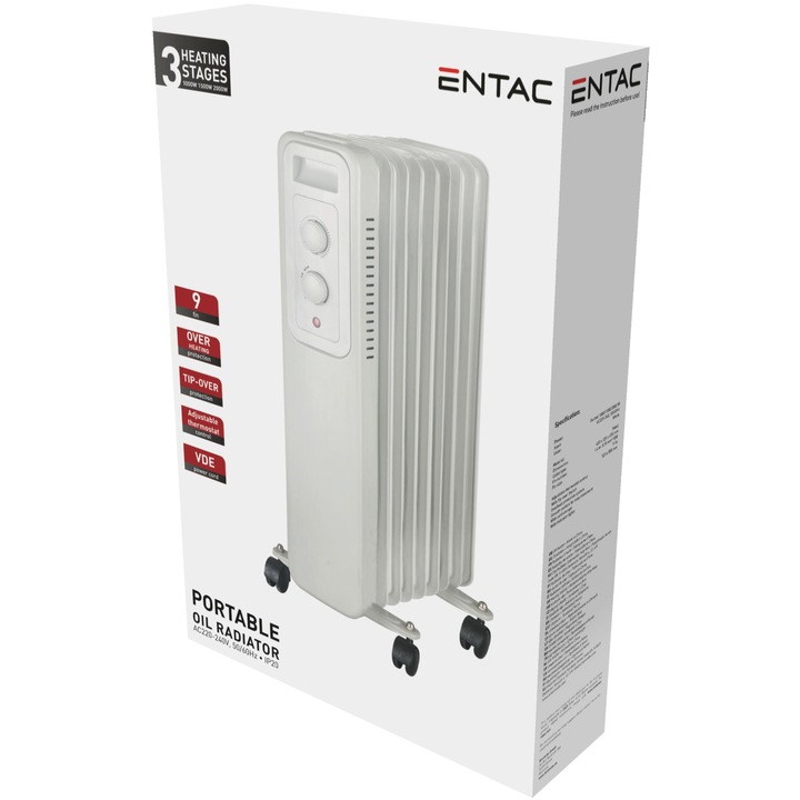Radiator electric, Entac, Oil cu 9 elemente, 2000W, Alb