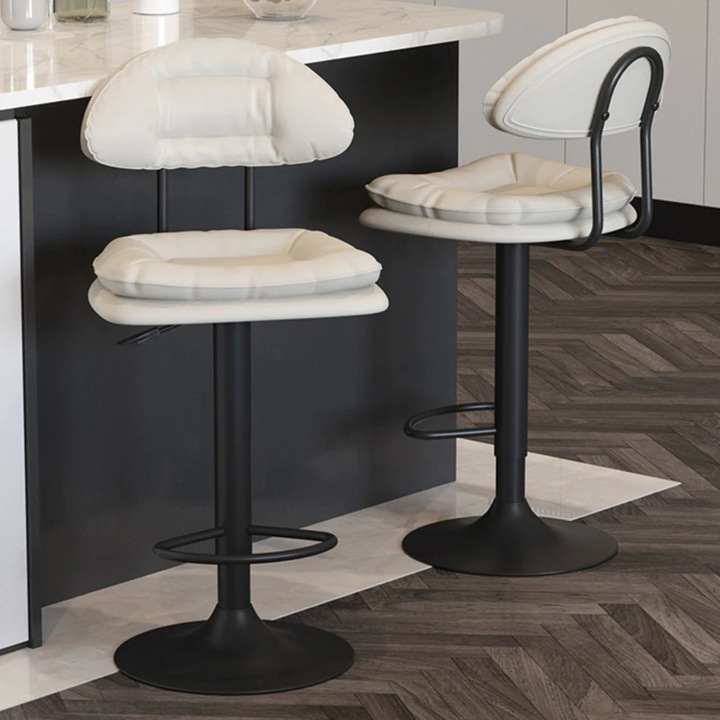 Set 2 scaune de bar, Quasar & Co.®, rotativ, sistem rotire 360°, inalt, reglabil pe inaltime, suport picioare, pretabil bucatarie, metal/piele ecologica/burete, CLEO, crem