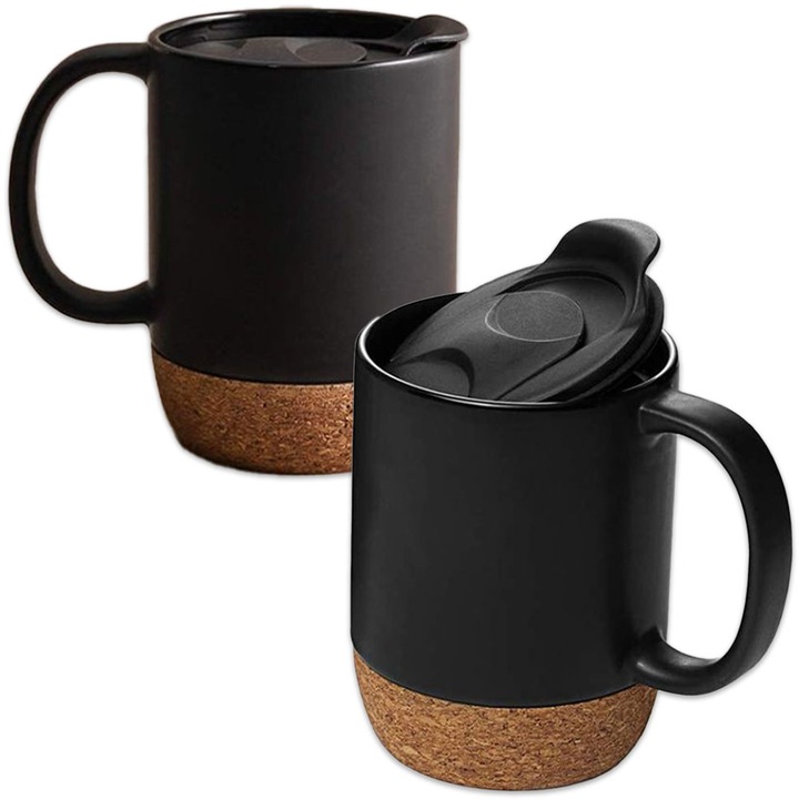 2 db-os kávé/tea csésze készlet, Quasar & Co., utazó/utazó bögrék, to go fedéllel, parafa talp, kerámia, 400 ml, fekete