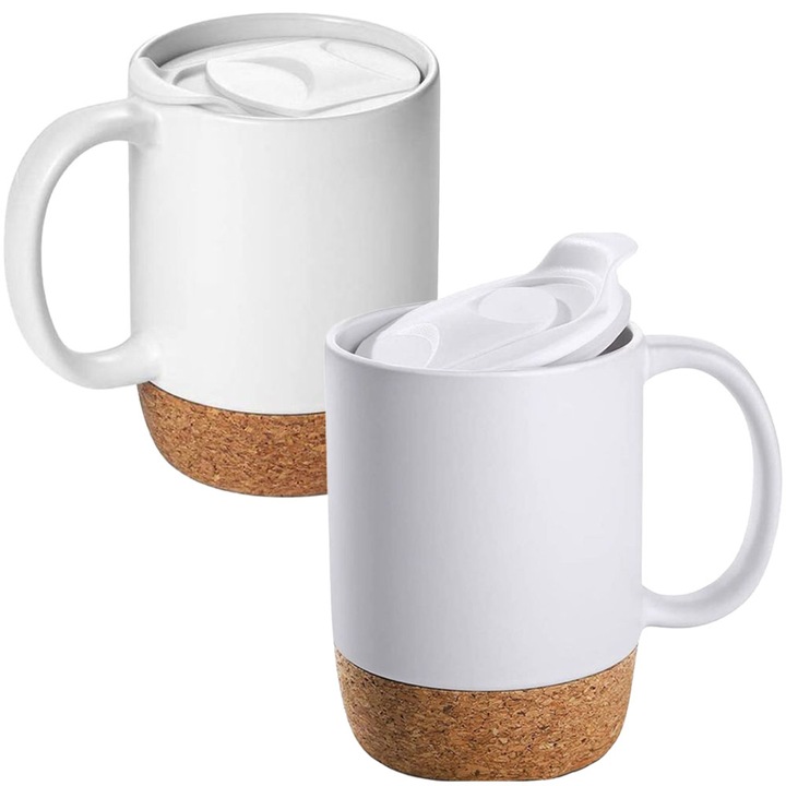 2 db-os kávé/tea csésze készlet, Quasar & Co., utazó/utazó bögrék, to go fedéllel, parafa talp, kerámia, 400 ml, fehér