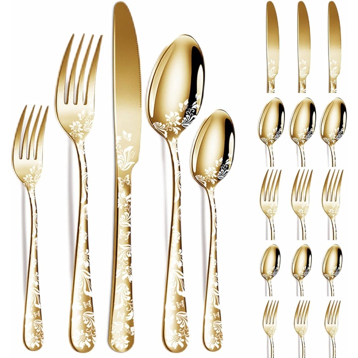 Set 20 tacamuri din inox, Quasar & Co.®, 4 x lingura, 4 x furculita, 4 x cutit, 4 x lingurita, 4 x furculita mica, golden
