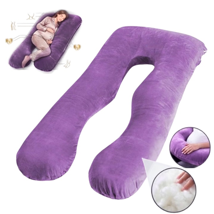 Perna gravide Infiniteea™️ 3 in 1, Multifunctionala, Alaptare, Sustinere Bebelusi, Forma de U, Husa detasabila, 110 cm, Catifea, Extra Confortabila, Husa Catifelata si Moale, Umplutura Puf Premium, Ideala pentru Somn Odihnitor, Mov