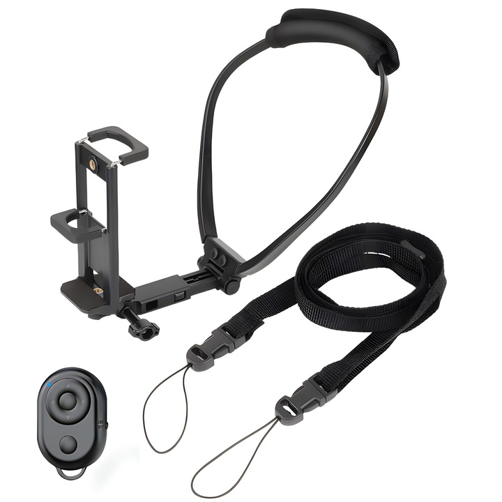 EVONYX nyak- és testtartó telefonhoz, sportkamerákhoz, Livestream, Bluetooth távirányító, Fekete
