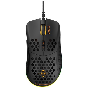 Mouse gaming cu fir DELTACO GAMING DM210, ultra-usor RGB, 6400 DPI, cablu 1.8m, negru