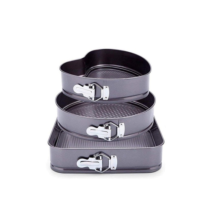 Set 3 forme torturi/prajituri MyCake, margini si baza detasabila, materiale de calitate, forma rotunda, patrata si inima, negru, Doty®