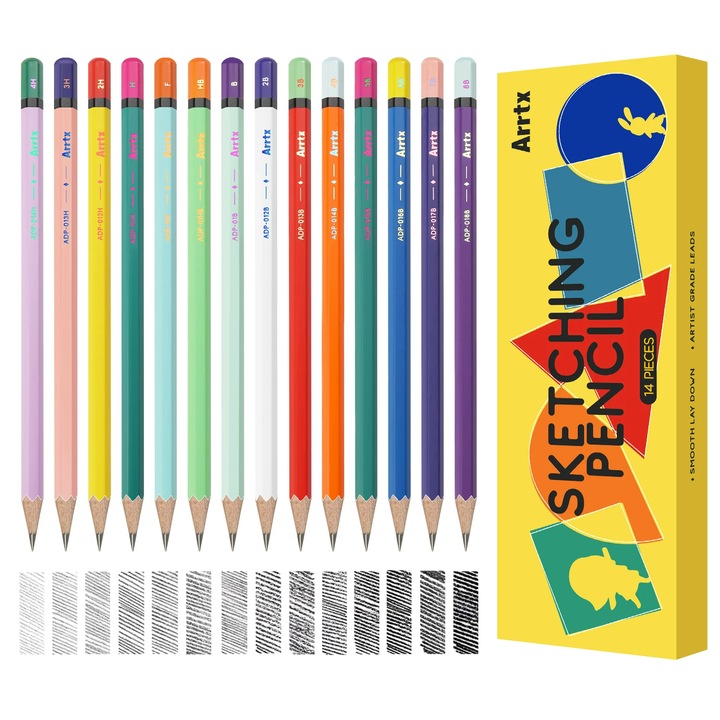 Set Creioane grafit Arrtx 14 buc, pentru Schite, pentru Desen, Duritate diferita de la 8B la 4H, Cutie Depozitare