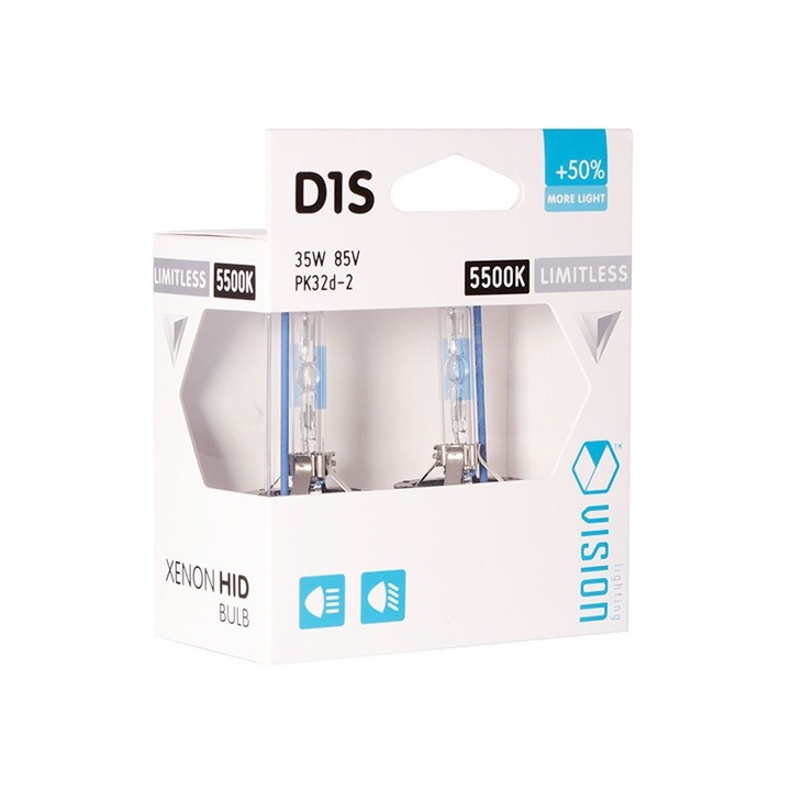 Sigurante D1S 5500K 85V 35W PK32d-2 becuri xenon +50% Limitless White, 2 buc., Vision