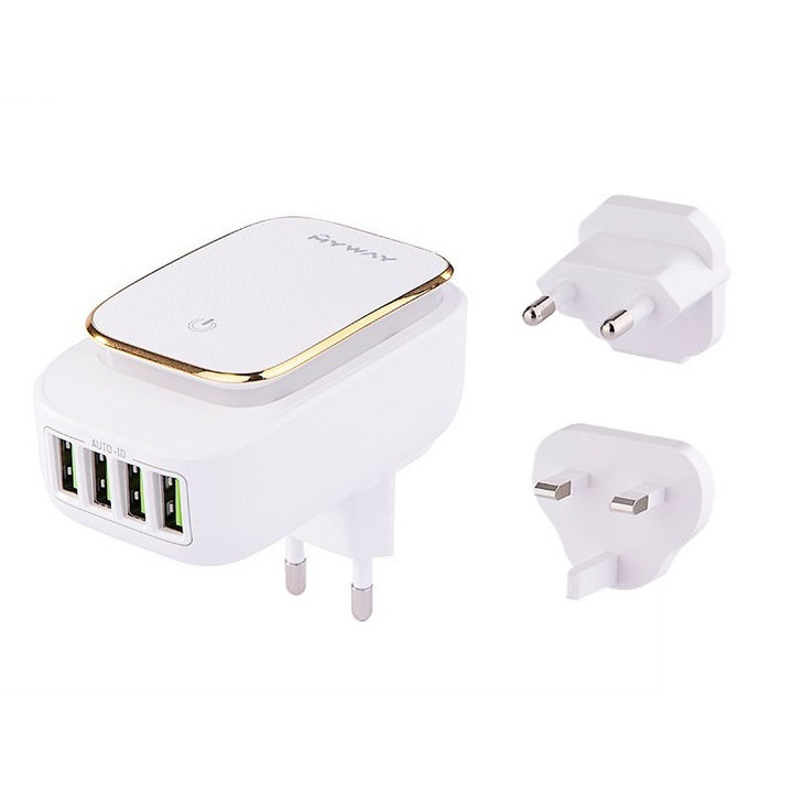 Мрежово зарядно устройство Carmotion, USB 4.4A с тактилна LED лампа и адаптери за контакти за ЕС, Великобритания и САЩ