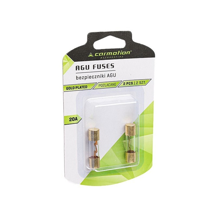 Sigurante din sticla AGU 10,3x38mm, 20A, placate cu aur, Carmotion, 2 buc.