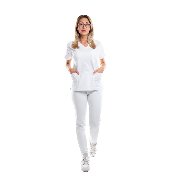 Дамски медицински костюм Lia Veselie, премиум памук, класически модел, бял, XS