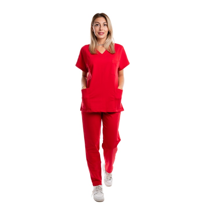 Дамски медицински костюм Lia Veselie, премиум памук, класически модел, червен, XS