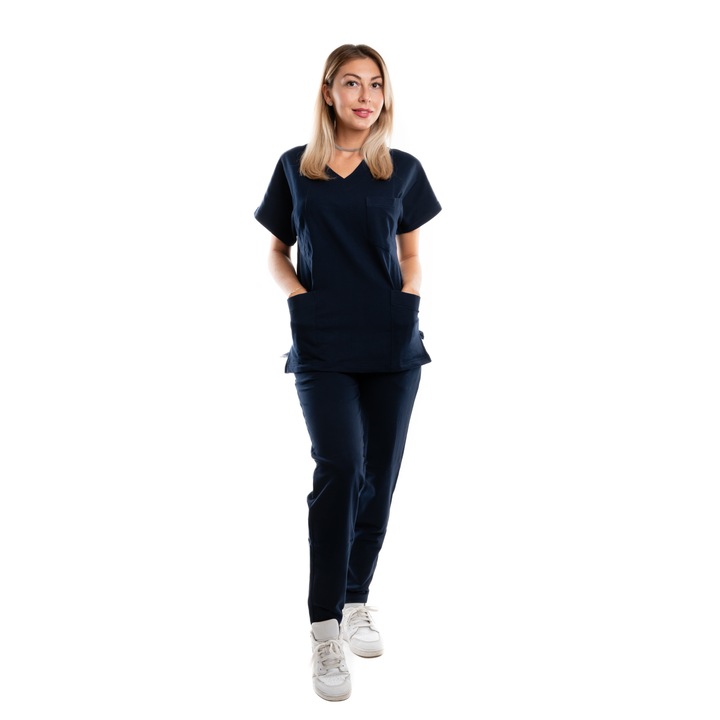 Дамски медицински костюм Lia Veselie, премиум памук, класически модел, тъмносин, XS