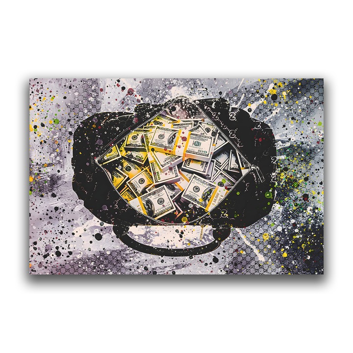 Картина на платно, LuxCanva® B1067, Упоритата работа се отплаща, 40 X 60 CM, 100% памучно платно 400g/m2, Дървена рамка, Декоративна, Офис, Долари, Пари, Куфар, Спалня, Gucci, Цветна