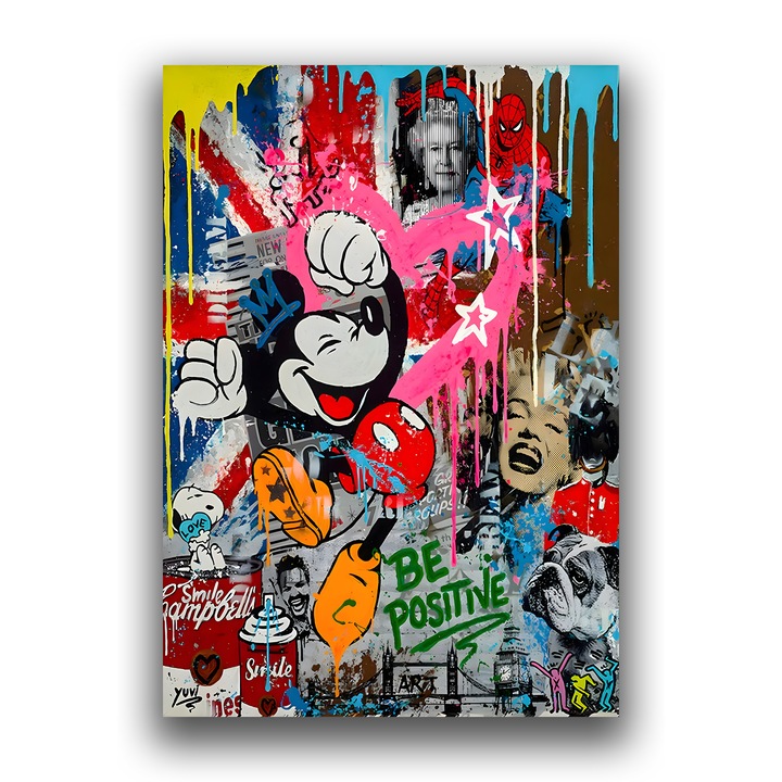 Първокласна картина на платно, LuxCanva® B1068, Be Positive, 70 X 100 CM, 100% памучно платно 400g/m2, дървена рамка, декоративна, офис, Мики Маус, Мерилин Монро, Спайдърмен, кралица Елизабет II, живи цветове