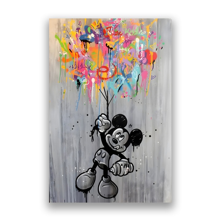 Tablou Canvas Premium, LuxCanva® A1219, Mickey With Balloons, 100 X 150 CM, Panza Bumbac 100% 400g/m2, Sasiu Lemn, Decorativ, Camera Copil, Desene Animate, Disney, Baloane Colorate, Dormitor, Culori Vibrante