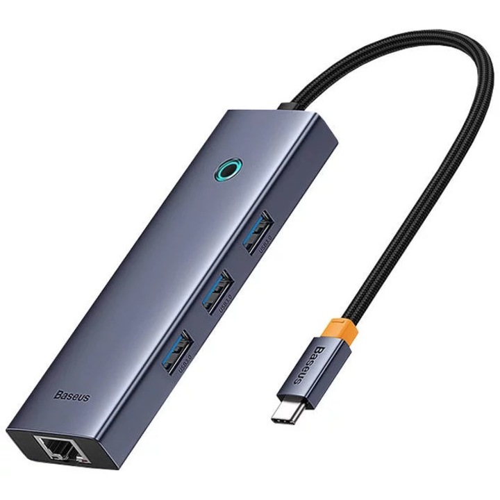 Докинг станция Baseus UltraJoy 4 в 1, вход USB Type-C, изход 3 x USB 3.0 / 1 x LAN RJ45, сив