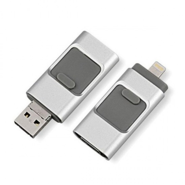 Stick de memorie 128GB, Smart 3 in 1 cu USB 3.0, Micro USB si Apple Lightning, Argintiu