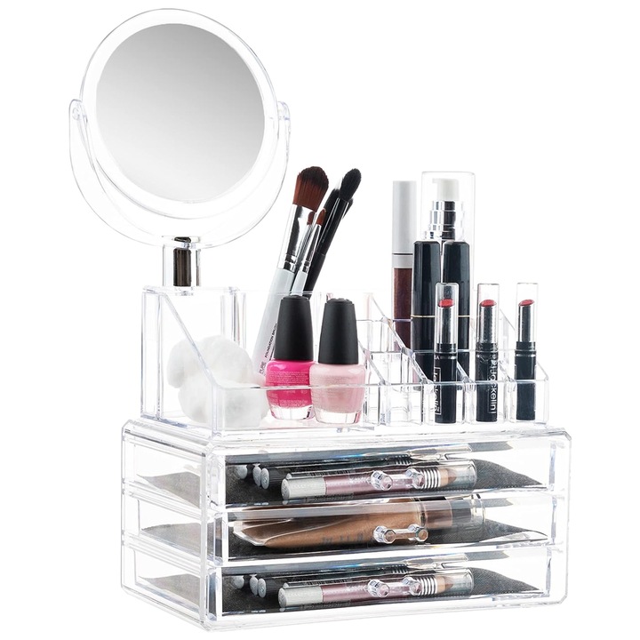 Органайзер за кутия за съхранение на козметични продукти Teno, бижута и други предмети, 3 чекмеджета, вградено огледало, подвижни части, прозрачен, 24 x 35 cm